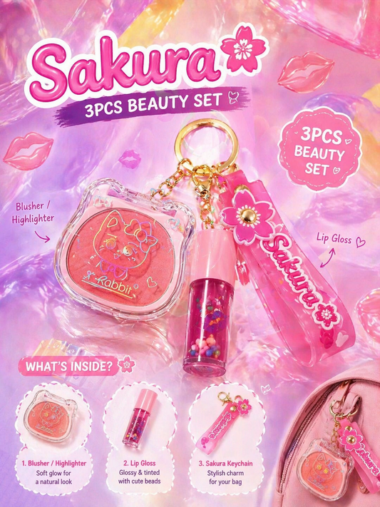 Sakura Lip Gloss & Mini Highlighter or Blusher Keychain -   جلوس شفاه مع تعليقة وميني هايلايتر او بلاشر