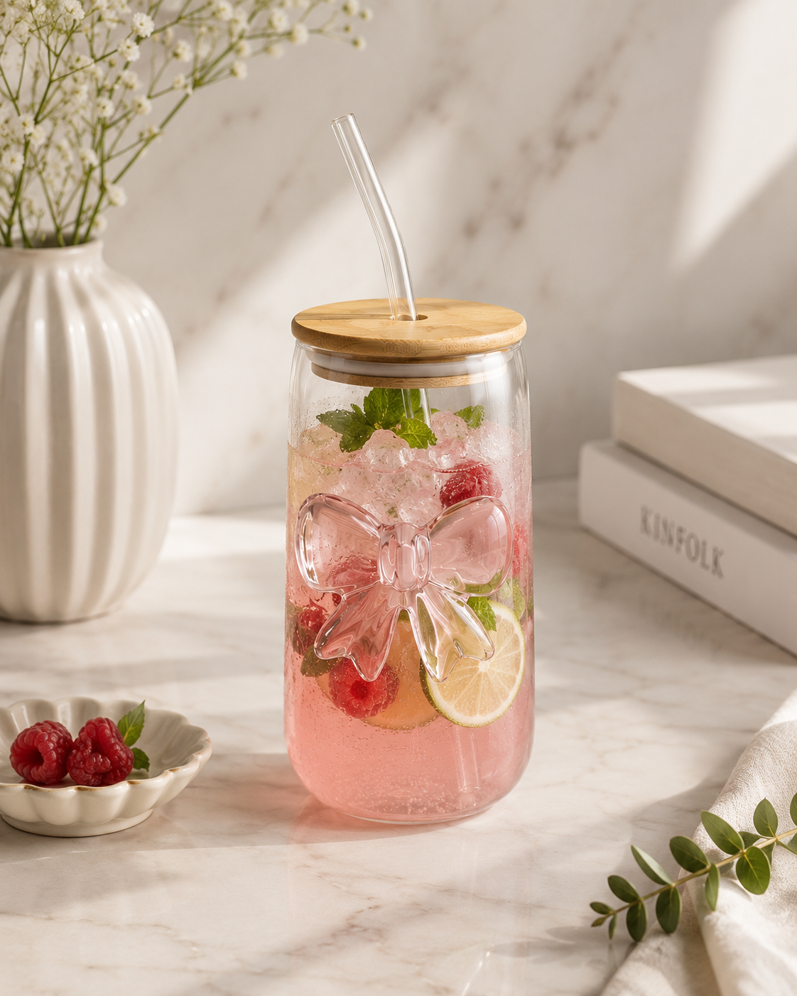 Pink Bow Glass Cup with Bamboo Lid & Glass Straw