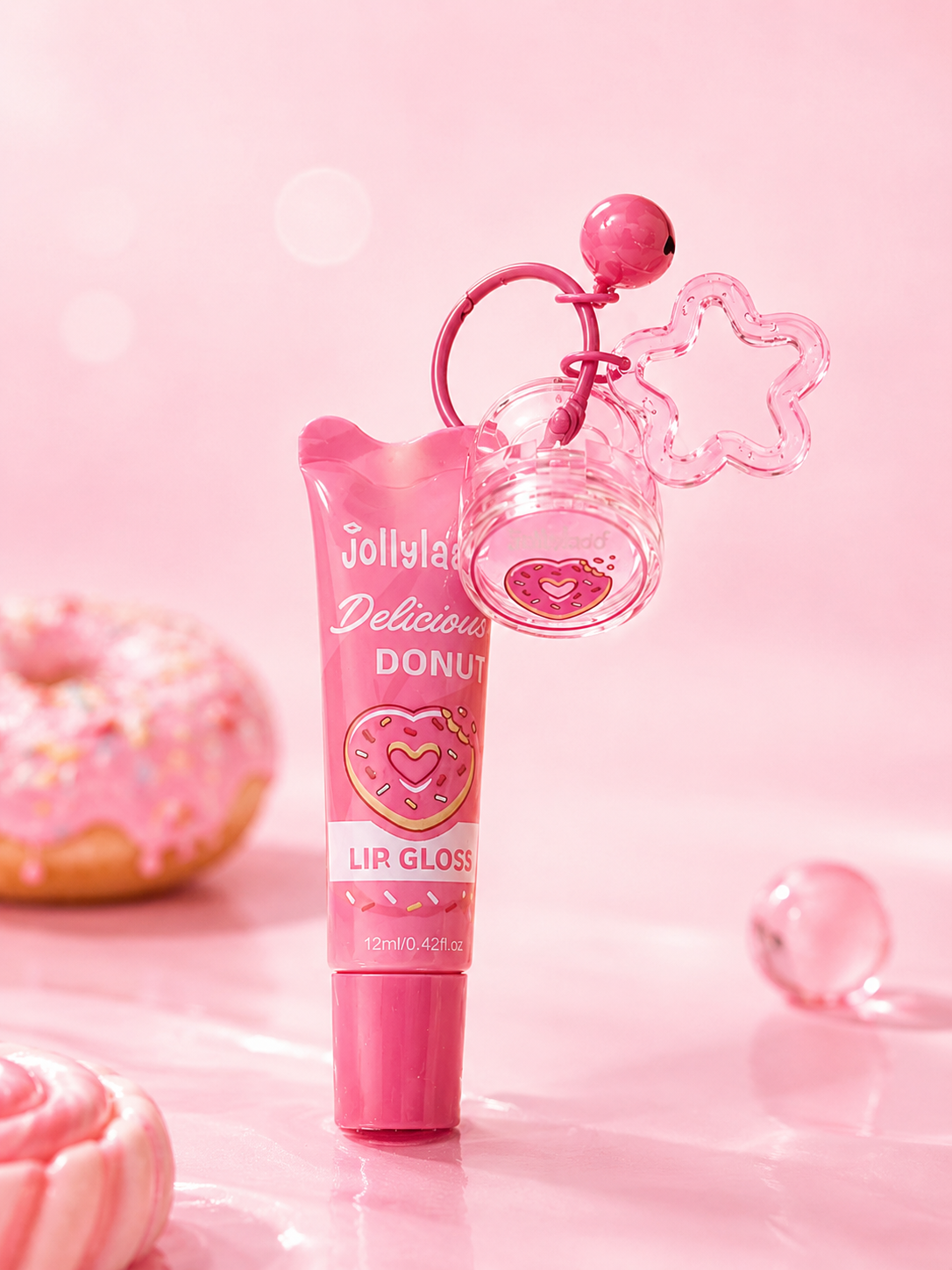 Jollylady Donut Pop 2-in-1 Lip Gloss Keychain - ليب غلوس دونات كيوت 2×1 مع ميدالية