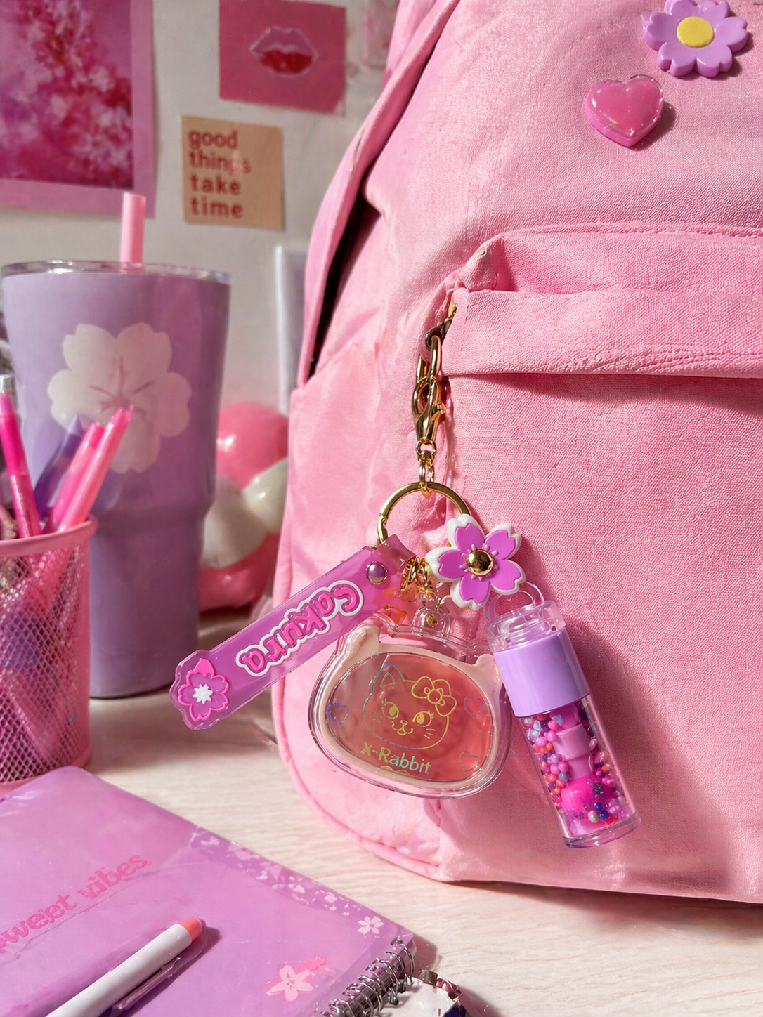 Sakura Lip Gloss & Mini Highlighter or Blusher Keychain -   جلوس شفاه مع تعليقة وميني هايلايتر او بلاشر